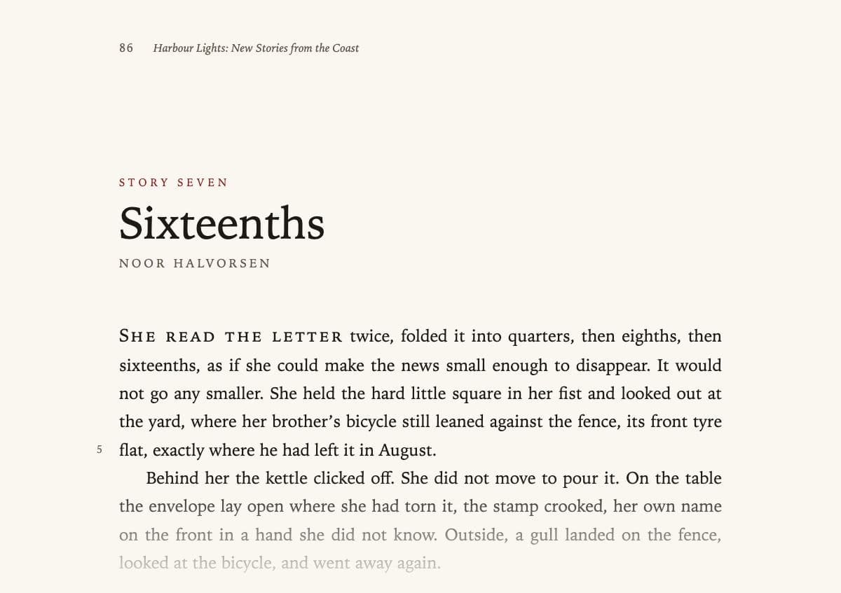 The top of a printed book page: the running head ‘86 Harbour Lights: New Stories from the Coast’; the label ‘Story seven’ in small red capitals; the story title ‘Sixteenths’ and the author's name, Noor Halvorsen; then the line-numbered opening, beginning in small capitals, ‘She read the letter twice, folded it into quarters, then eighths, then sixteenths, as if she could make the news small enough to disappear.’, with her brother's bicycle still leaning against the fence and a kettle she does not pour, fading out at the foot of the clipping.